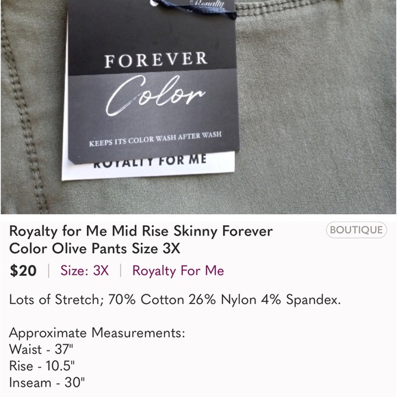 Royalty for Me, size 3X. Like new! Army green stretch jeans. - Picture 4 of 4